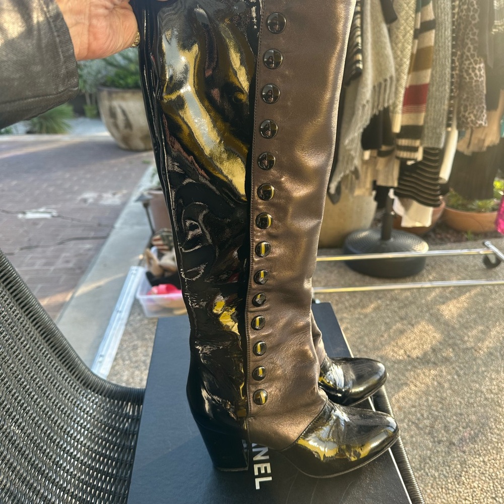 CHANEL Glossy Black Patent Leather and Lambskin leather all black Boots